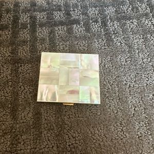 Vintage 1950s Marhill Mother of Pearl inlay cover powder makeup mirror compact.